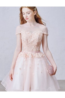 Lace, Tulle Jewel Knee-Length Cap Sleeve A-line Dress with Pearl, Rhinestone