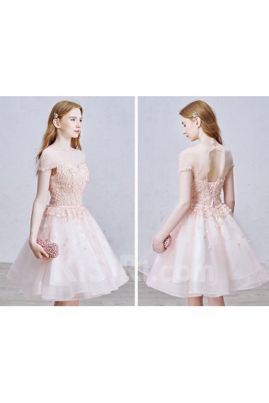 Lace, Tulle Jewel Knee-Length Cap Sleeve A-line Dress with Pearl, Rhinestone