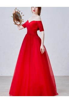 Tulle, Satin Off-the-Shoulder Floor Length Short Sleeve A-line Dress with Ruched