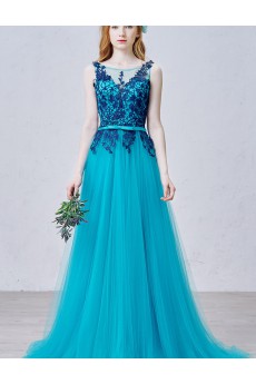 Lace, Satin, Tulle Scoop Sweep Train Sleeveless A-line Dress with Applique, Bow