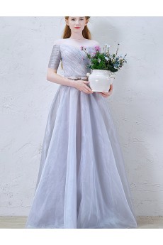 Tulle Jewel Floor Length Short Sleeve A-line Dress with Bow
