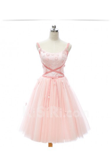 Lace, Satin, Tulle Square Knee-Length Sleeveless A-line Dress with Sash, Handmade Flowers