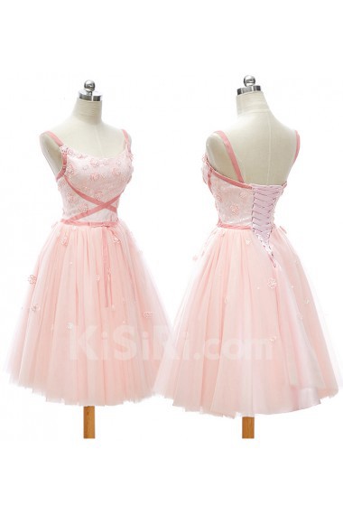 Lace, Satin, Tulle Square Knee-Length Sleeveless A-line Dress with Sash, Handmade Flowers
