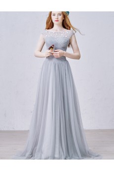 Lace, Tulle Scoop Floor Length Cap Sleeve A-line Dress with Beads