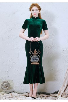 Velvet High Collar Ankle-Length Short Sleeve Mermaid Dress