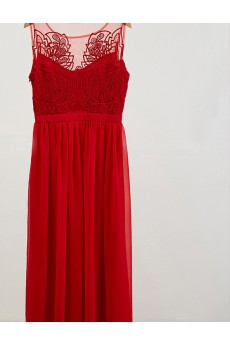 Chiffon Scoop Tea-Length Sleeveless A-line Dress with Lace