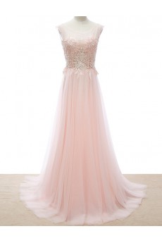 Tulle Scoop Floor Length Sleeveless A-line Dress with Beads