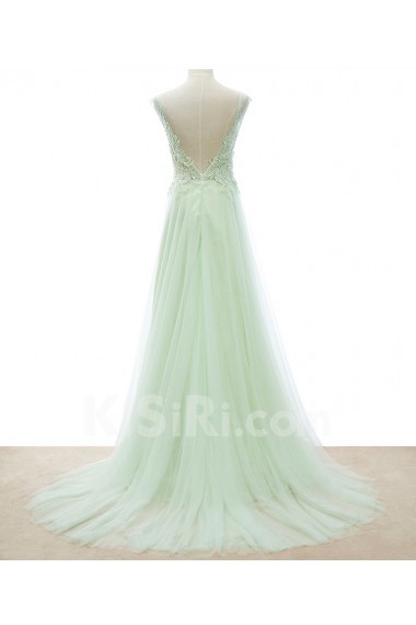 Tulle Scoop Floor Length Sleeveless A-line Dress with Beads