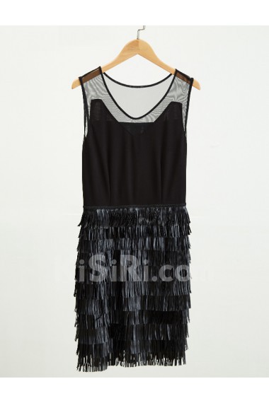 Tulle Scoop Mini/Short Sleeveless Column Dress with Edging