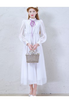 Lace, Chiffon High Collar Tea-Length Long Sleeve A-line Dress