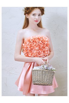 Satin Strapless Mini/Short Sleeveless A-line Dress with Handmade Flowers