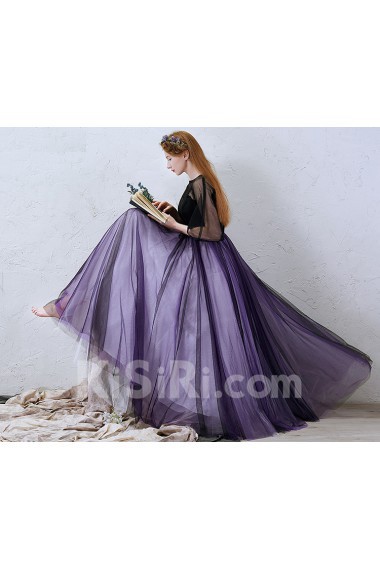 Tulle Bateau Floor Length Half Sleeve A-line Dress