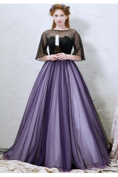 Tulle Bateau Floor Length Half Sleeve A-line Dress