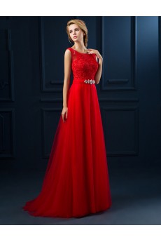 Tulle, Lace Scoop Floor Length Sleeveless A-line Dress with Rhinestone, Ribbons
