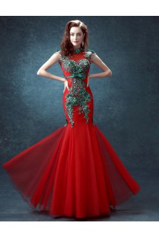 Tulle High Collar Floor Length Cap Sleeve Mermaid Dress with Sequins, Bow