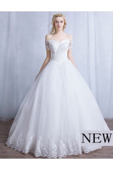 Tulle, Lace Off-the-Shoulder Floor Length Short Sleeve Ball Gown Dress with Beads