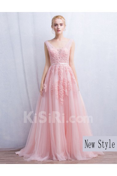 Tulle, Lace V-neck Floor Length Sleeveless A-line Dress with Beads