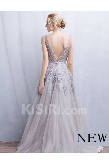 Tulle, Lace V-neck Floor Length Sleeveless A-line Dress with Beads
