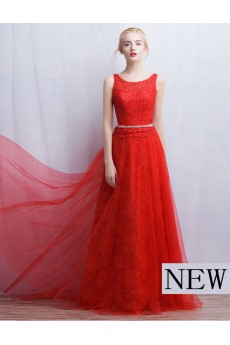 Tulle, Lace Scoop Floor Length Sleeveless A-line Dress with Rhinestone