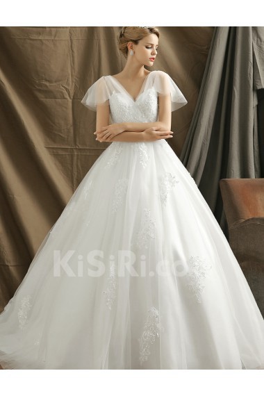 Organza V-neck Chapel Train Cap Sleeve Ball Gown Dress with Flower, Beads