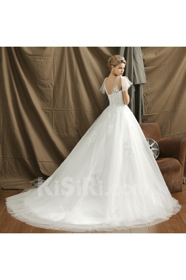 Organza V-neck Chapel Train Cap Sleeve Ball Gown Dress with Flower, Beads