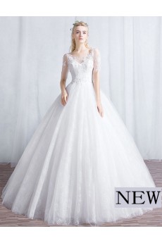 Tulle, Lace Scoop Floor Length Short Sleeve Ball Gown Dress with Beads