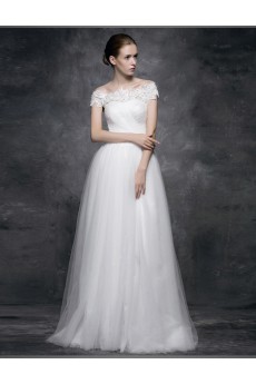 Lace, Satin Off-the-Shoulder Floor Length A-line Dress with Rhinestone