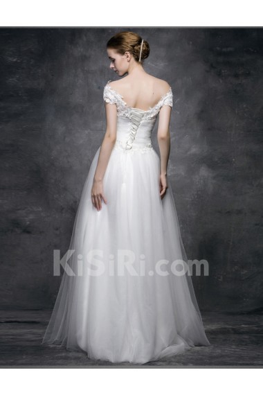 Lace, Satin Off-the-Shoulder Floor Length A-line Dress with Rhinestone