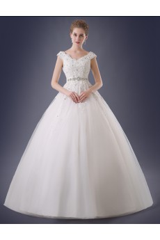 Lace, Organza V-neck Floor Length Cap Sleeve Ball Gown Dress with Rhinestone, Sash