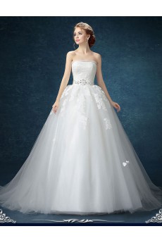 Chiffon, Tulle Strapless Sweep Train Sleeveless Ball Gown Dress with Lace, Sash