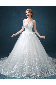 Tulle Sweetheart Cathedral Train Sleeveless Ball Gown Dress with Handmade Flowers, Beads
