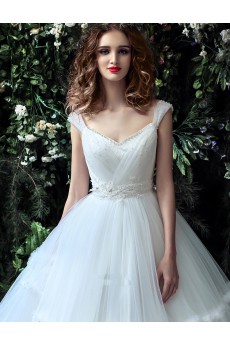 Tulle, Lace V-neck Floor Length Cap Sleeve Ball Gown Dress with Beads, Bow