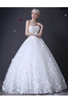 Tulle Sweetheart Floor Length Sleeveless Ball Gown Dress with Handmade Flowers, Pearl
