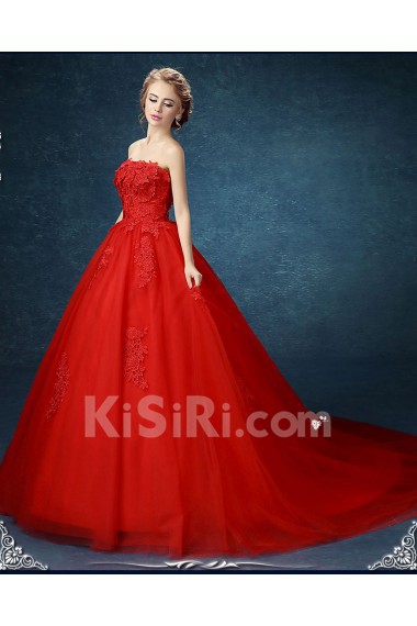 Chiffon, Tulle, Lace Strapless Sweep Train Sleeveless A-line Dress with Applique
