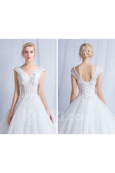 Tulle, Lace V-neck Floor Length Cap Sleeve Ball Gown Dress with Flowers
