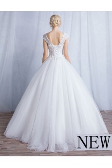 Tulle, Lace V-neck Floor Length Cap Sleeve Ball Gown Dress with Flowers