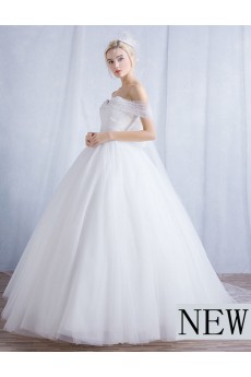 Tulle Off-the-Shoulder Floor Length Ball Gown Dress with Pearl