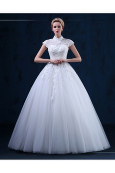 Tulle, Lace High Collar Floor Length Cap Sleeve Ball Gown Dress with Bow, Sequins