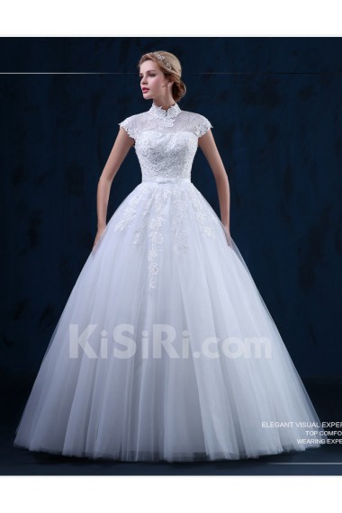 Tulle, Lace High Collar Floor Length Cap Sleeve Ball Gown Dress with Bow, Sequins
