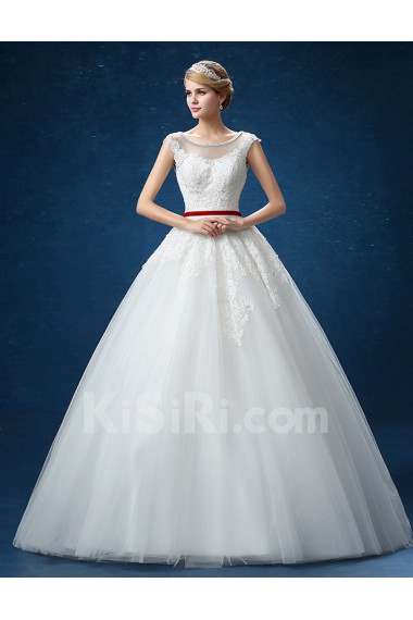 Organza Jewel Floor Length Cap Sleeve Ball Gown Dress with Lace
