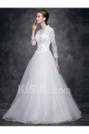 Lace, Satin V-neck Floor Length Long Sleeve Ball Gown Dress with Sequins
