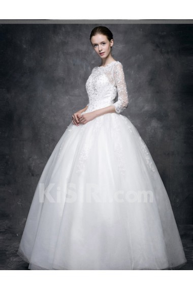 Lace, Satin Scoop Floor Length Three-quarter Ball Gown Dress with Sequins