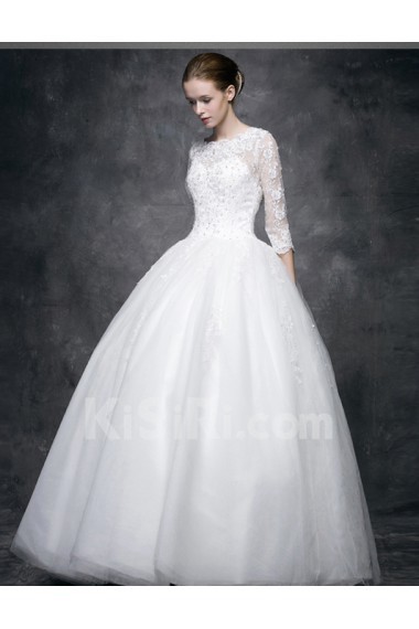 Lace, Satin Scoop Floor Length Three-quarter Ball Gown Dress with Sequins