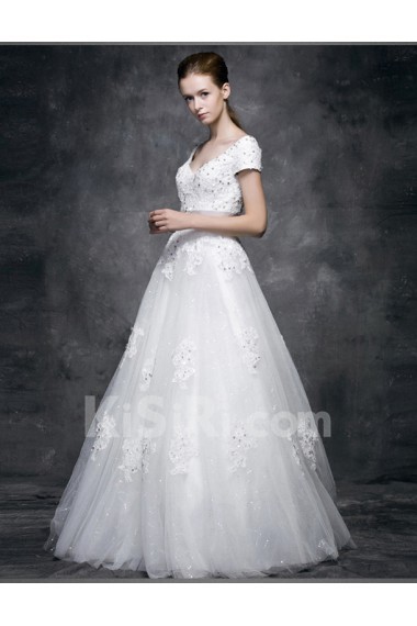 Lace, Satin, Tulle V-neck Floor Length Cap Sleeve A-line Dress with Sash, Sequins