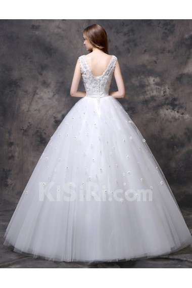 Organza, Lace V-neck Floor Length Cap Sleeve Ball Gown Dress with Sequins, Handmade Flowers