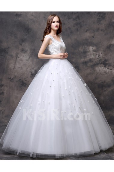 Organza, Lace V-neck Floor Length Cap Sleeve Ball Gown Dress with Sequins, Handmade Flowers