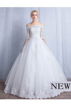 Tulle, Lace Off-the-Shoulder Floor Length Half Sleeve Ball Gown Dress with Bow