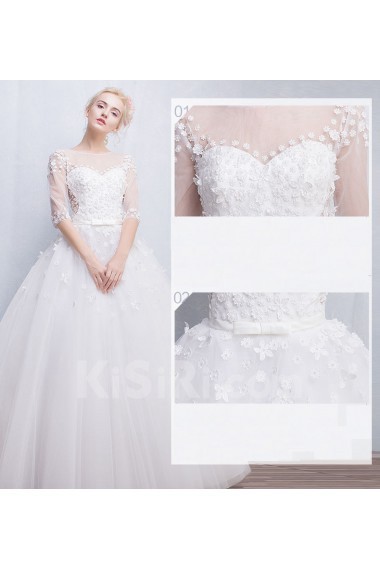 Tulle, Lace Jewel Floor Length Half Sleeve Ball Gown Dress with Bow, Sash