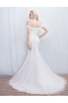 Tulle, Lace Off-the-Shoulder Sweep Train Mermaid Dress with Sequins