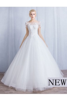Tulle, Lace Scoop Floor Length Short Sleeve Ball Gown Dress with Applique